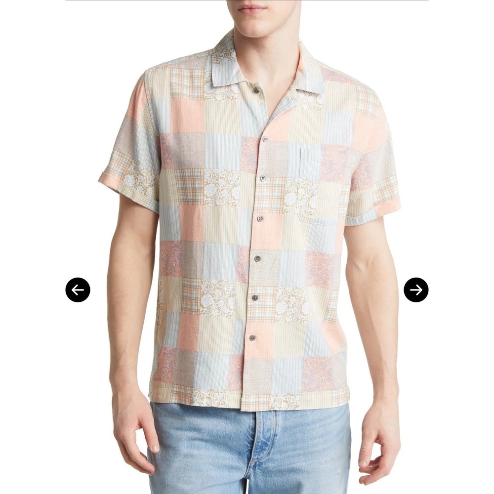 Rails Mens Short Sleeve Patchwork Linen Blend Button Down Shirt Pastel Large